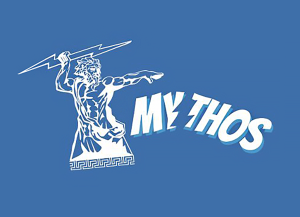 Logo MYTHOS avec un dieu grec tenant un éclair